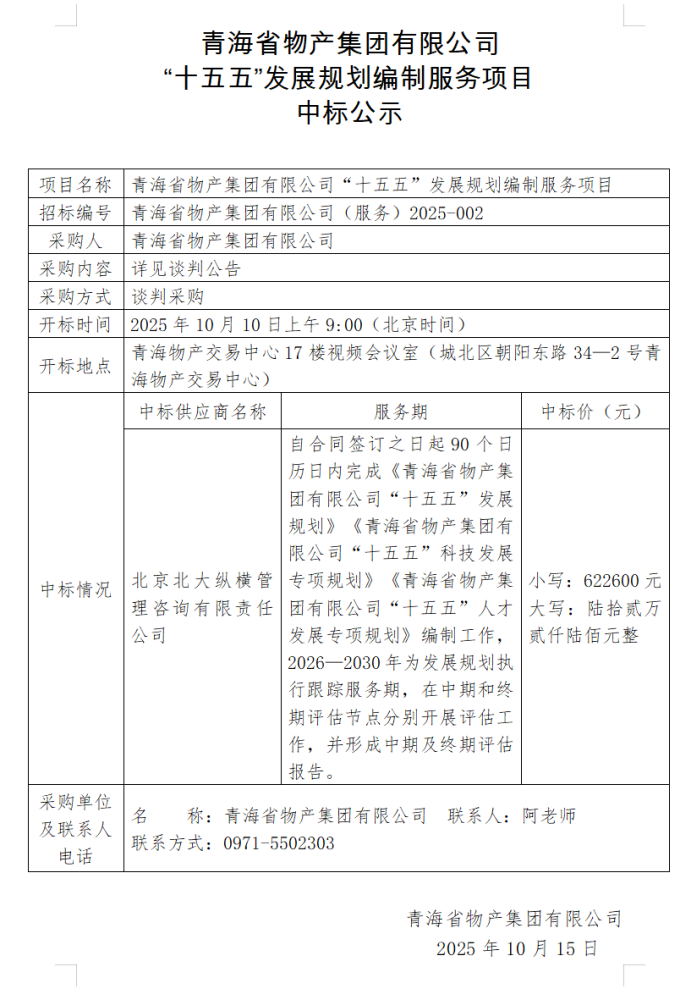 青海省物產集團有限公司 &ldquo;十五五&rdquo;發(fā)展規(guī)劃編制服務項目 中標公示